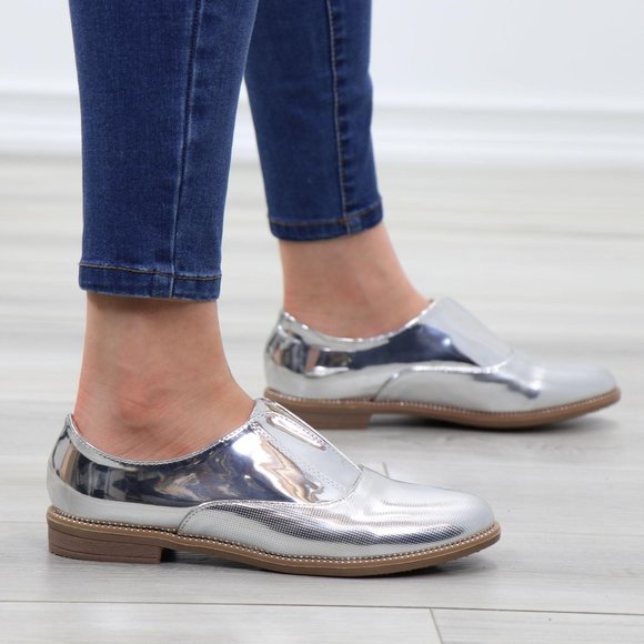 Silver Patent Flat Slip On Oxford Loafers - Picture 6 of 15